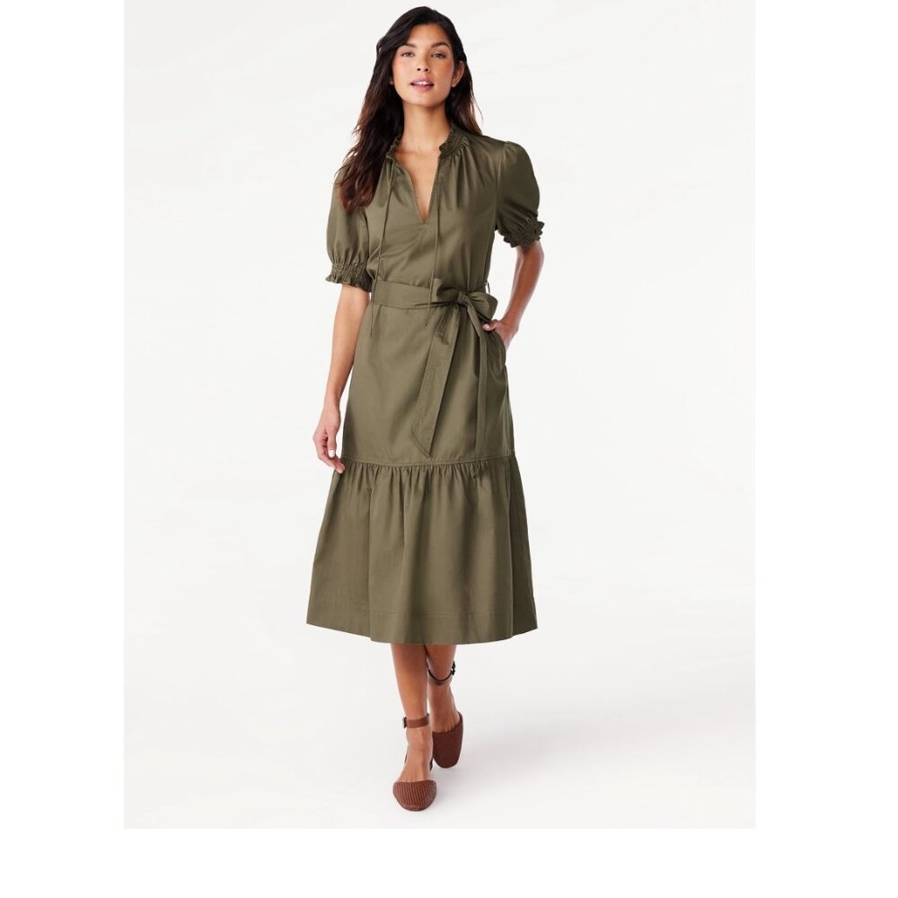 New with tags Free Assembly Women's Ruffle Neck Belted Dress Green Small